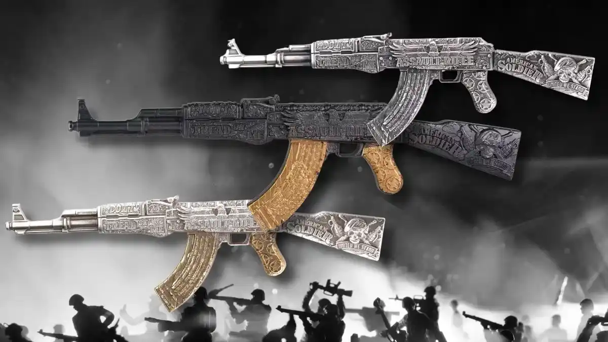History Reloaded: The 2024 Chad 2 oz Silver Assault Rifle Gilded, Antiqued and in Black & Gold Shaped Coin – Part of Bullion Exchanges' Exclusive 'Weapons of War' Series.